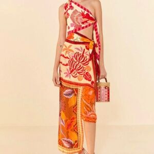 Farm Rio Forest Mixed Scarves Cut-Out Midi-Dress